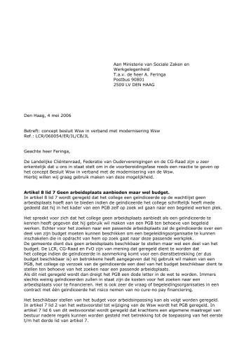 LCR - brief aan Min SZW reactie concept besluit modernisering Wsw