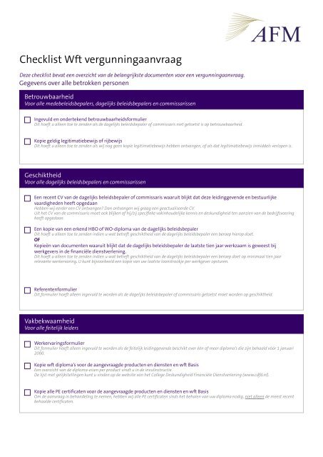 Checklist Wft vergunningaanvraag - Digitaal loket - AFM