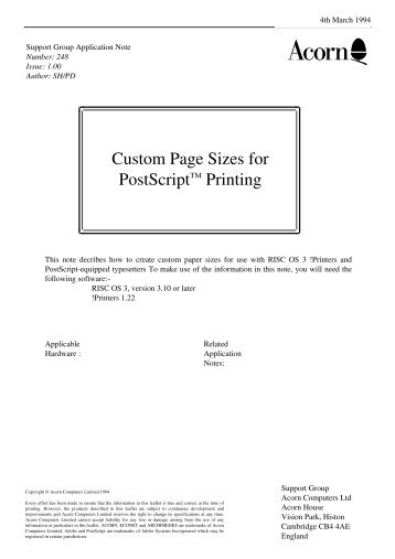 Custom Page Sizes for PostScript™ Printing - RISC OS 3 ...