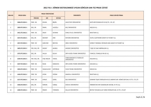 San-Tez Proje Listesi