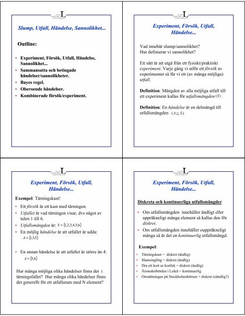 Slump, Utfall, Händelse, Sannolikhet... Outline ... - Sm.luth.se