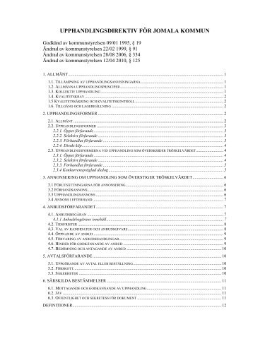 UPPHANDLINGSDIREKTIV FÖR JOMALA KOMMUN
