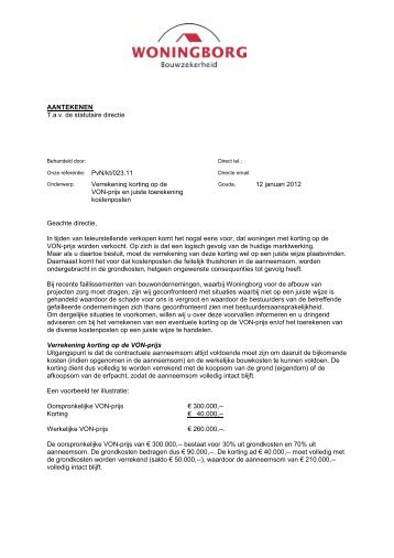 AANTEKENEN Tav de statutaire directie Verrekening ... - Woningborg
