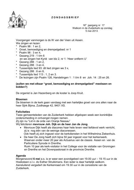 Bekijk hier de zondagsbrief van 5 mei als pdf - Zuiderkerk Assen