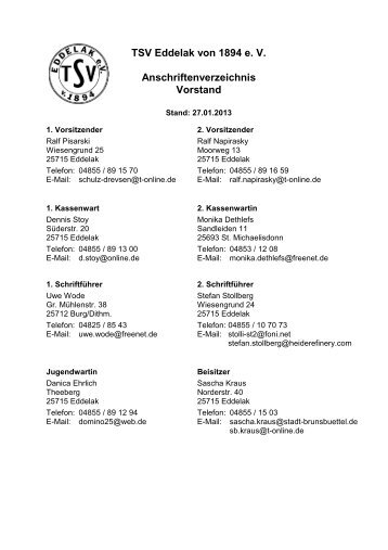 TSV Eddelak von 1894 e. V. Anschriftenverzeichnis Vorstand