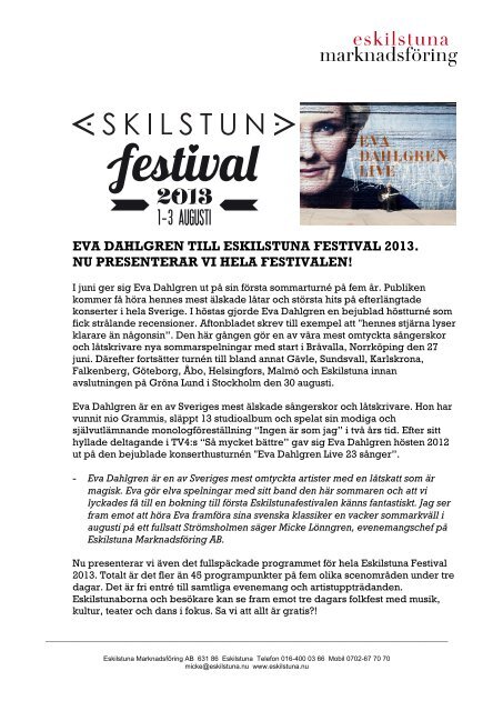 eva dahlgren till eskilstuna festival 2013. nu presenterar vi hela ...
