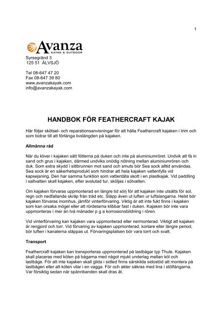 Handbok för Feathercraft, sv - Avanza Kayak