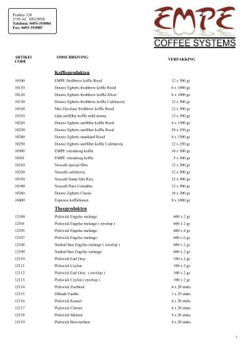 Artikellijst - EMPE Coffee Systems