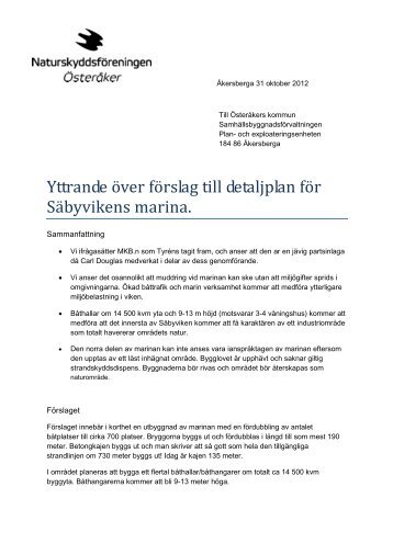 Yttrande över förslag till detaljplan för Säbyvikens marina 31 okt 2012