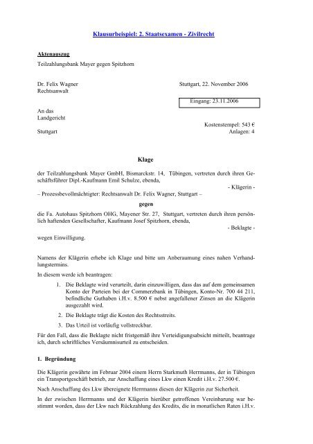 Klausurbeispiel: 2. Staatsexamen - Zivilrecht Klage - Alpmann ...