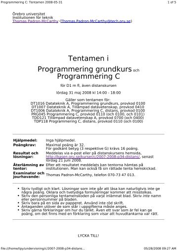 Tentamen i Programmering grundkursoch Programmering C