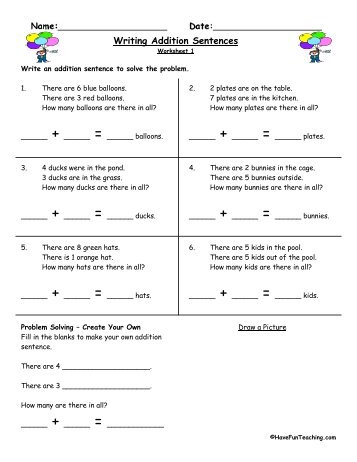 Writing Addition Sentences Worksheets - Have Fun Teaching