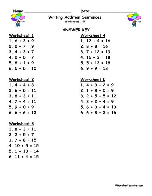 Writing Addition Sentences Worksheets - Have Fun Teaching