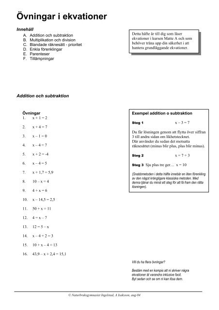 Övningar i ekvationer - MaNaDa
