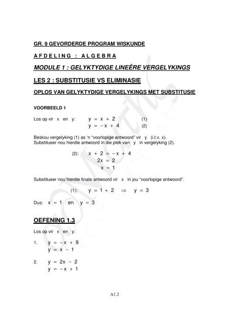 MODULE 1 : GELYKTYDIGE LINEÊRE VERGELYKINGS ... - AdMaths