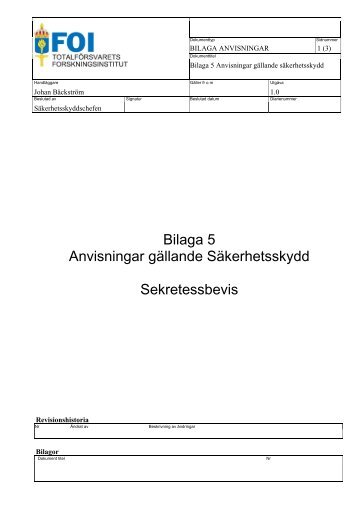 Bilaga 5 Anvisningar gällande Säkerhetsskydd Sekretessbevis - FOI