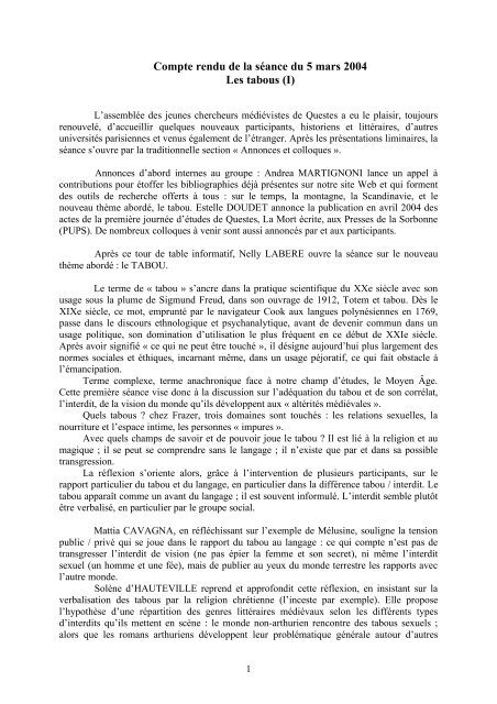 Compte rendu de la séance du 5 mars 2004 Les tabous (I) - Questes