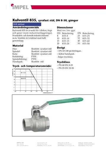 Kulventil 835 Rostfri (pdf) - IMPEL AB