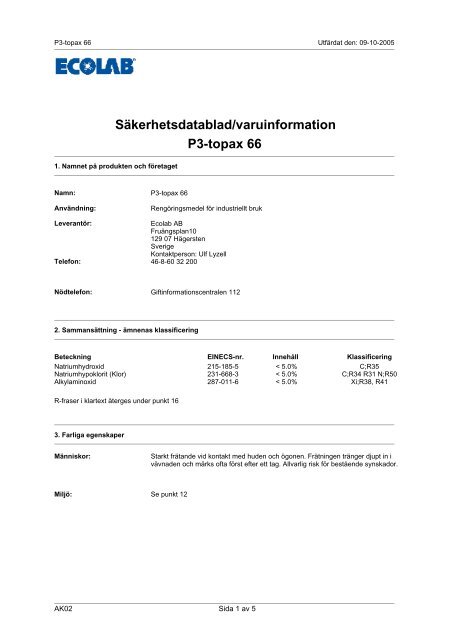 Säkerhetsdatablad/varuinformation P3-topax 66 - Ecolab