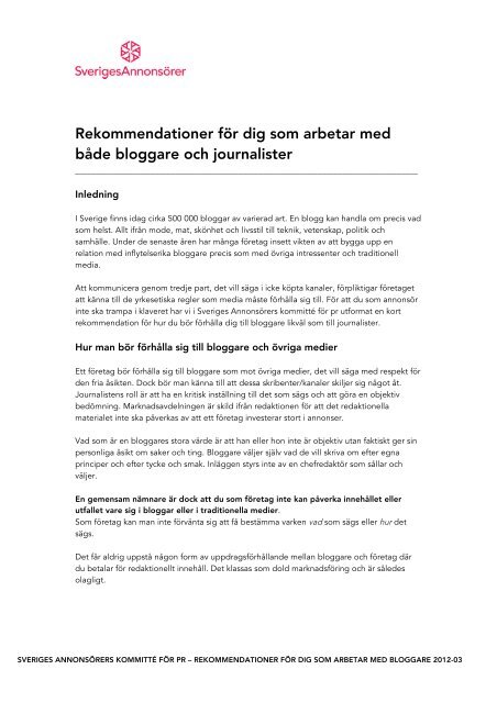 Rekommendationer för dig som arbetar med bloggare - Sveriges ...