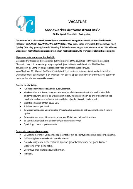 VACATURE Medewerker autowasstraat M/V