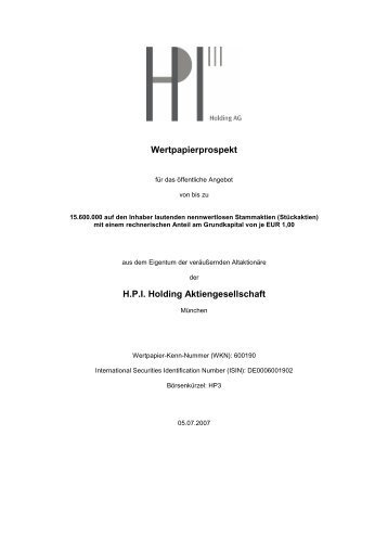 Wertpapierprospekt H.P.I. Holding AG