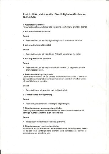Protokoll fört vid årsmöte i Samfälligheten Gårdvaren 2011-05-10