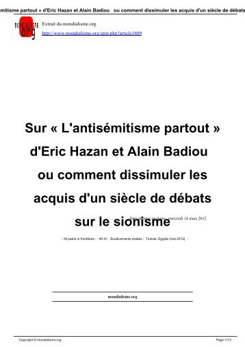 L'antisémitisme partout » d'Eric Hazan et Alain Badiou - Mondialisme