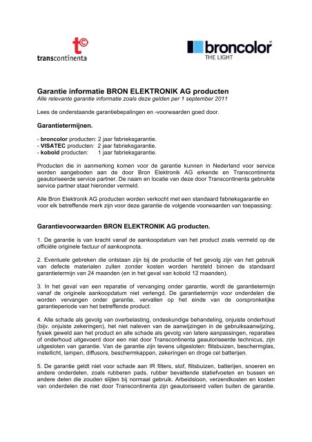 Garantie informatie BRON ELEKTRONIK AG producten - Broncolor