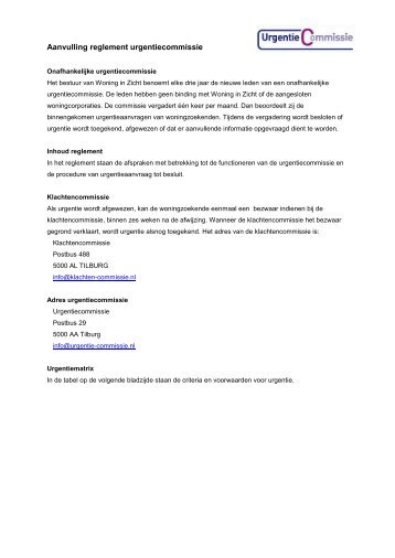 Begeleidende brief Reglement Urgentiecommissie - Woning in Zicht