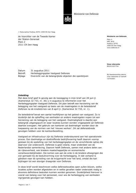 Brief minDef - Herbelegging vastgoed Defensie - ProDef