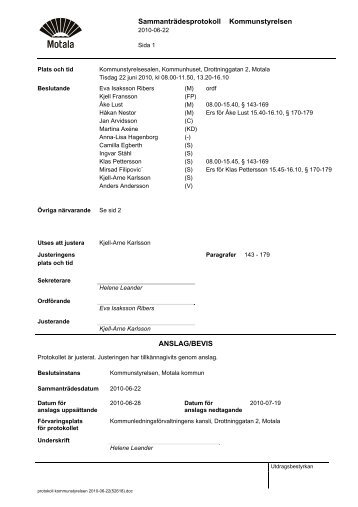 Protokoll kommunstyrelsen 2010-06-22