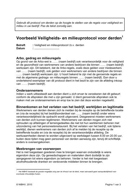 Voorbeeld Veiligheids- en milieuprotocol voor derden - Nibhv