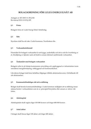 Bolagsordning för Luleå Energi Elnät AB.pdf - Luleå kommun