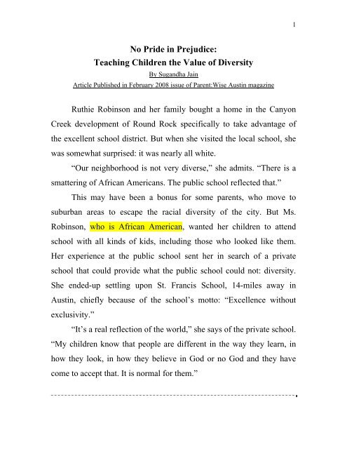 No Pride in Prejudice: Teaching Children the Value of Diversity