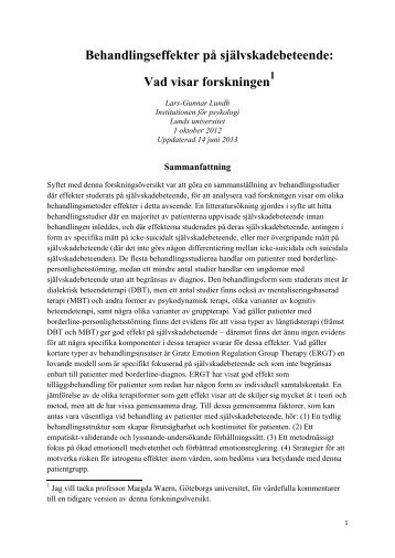 1. Lundh, Forskningsöversikt behandling självskadebeteende