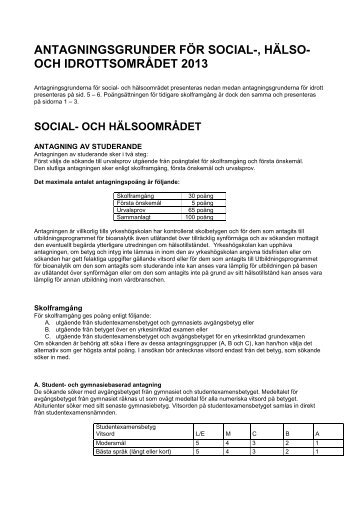 Antagningsgrunder för idrott, social - Arcada