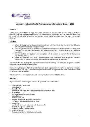 Verksamhetsberättelse för Transparency International Sverige 2009