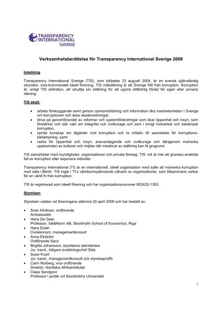 Verksamhetsberättelse för Transparency International Sverige 2009