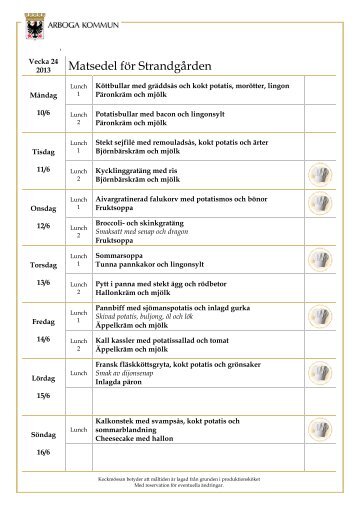 Matsedel för Strandgården vecka 24-34