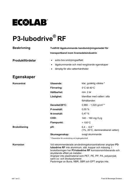 Produktblad Lubodrive RF - Ecolab - Ecolab AB