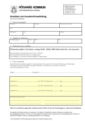 Ansökan om terminskort och resebidrag - Höganäs kommun
