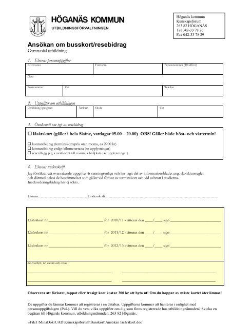 Ansökan om terminskort och resebidrag - Höganäs kommun