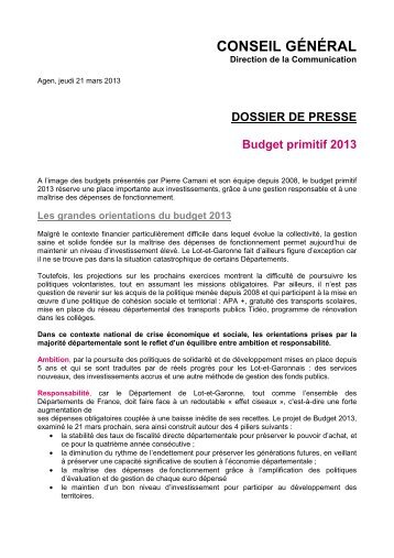 Dossier de presse BP 2013 - Conseil Général du Lot et Garonne