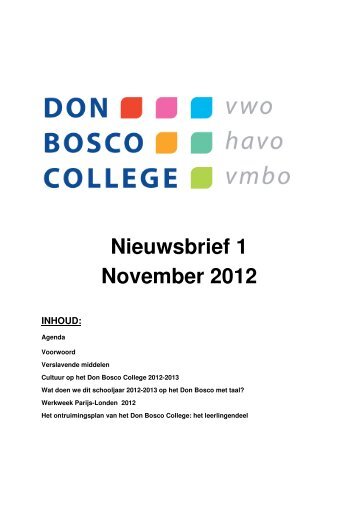 Nieuwsbrief 1 November 2012 INHOUD - Don Bosco College