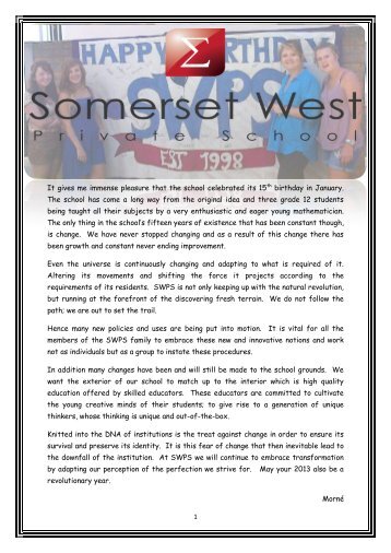 2013 SWPS Newsletter Term 1 - Somerset West Private School