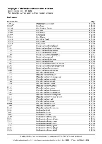 Prijslijst - Broekies Feestwinkel Bunnik