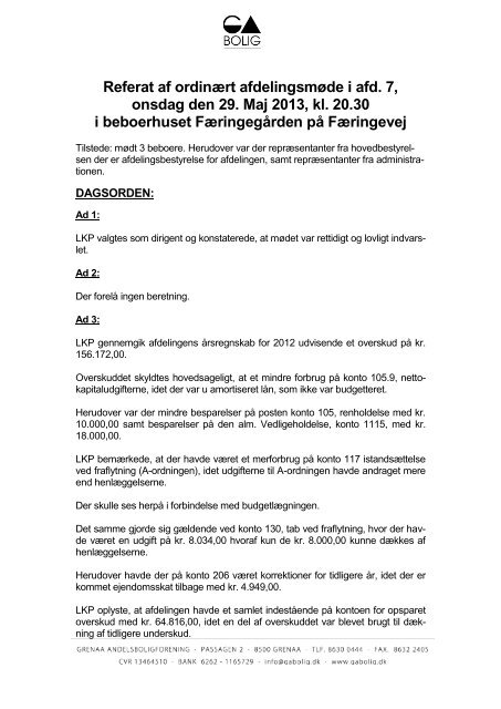 Referat af ordinært afdelingsmøde i afd. 7, onsdag den 29. Maj 2013 ...