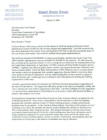 Senator Tim Johnson's letter to Secretary Vilsack opposing ... - R-Calf