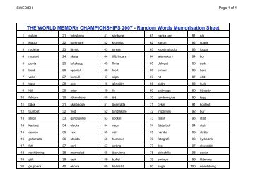 Random Words Memorisation Sheet - World Memory Sports Council